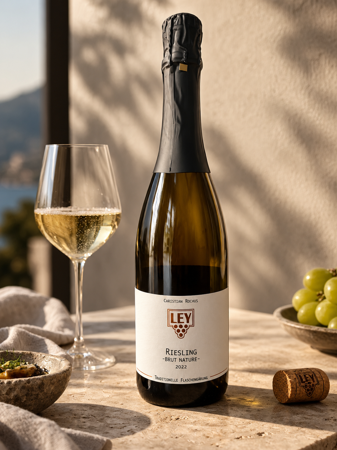LEY Riesling Sekt brut nature in Szene gesetzt