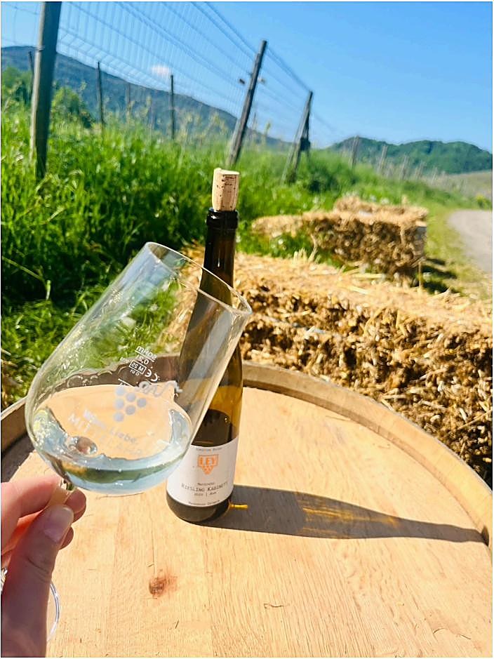 Glas Riesling auf einem Weinfass